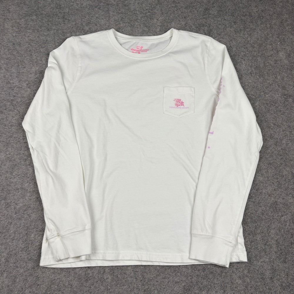 Vineyard Vines Long Sleeve Shirt Women Medium White Mothers Day Floral Pocket